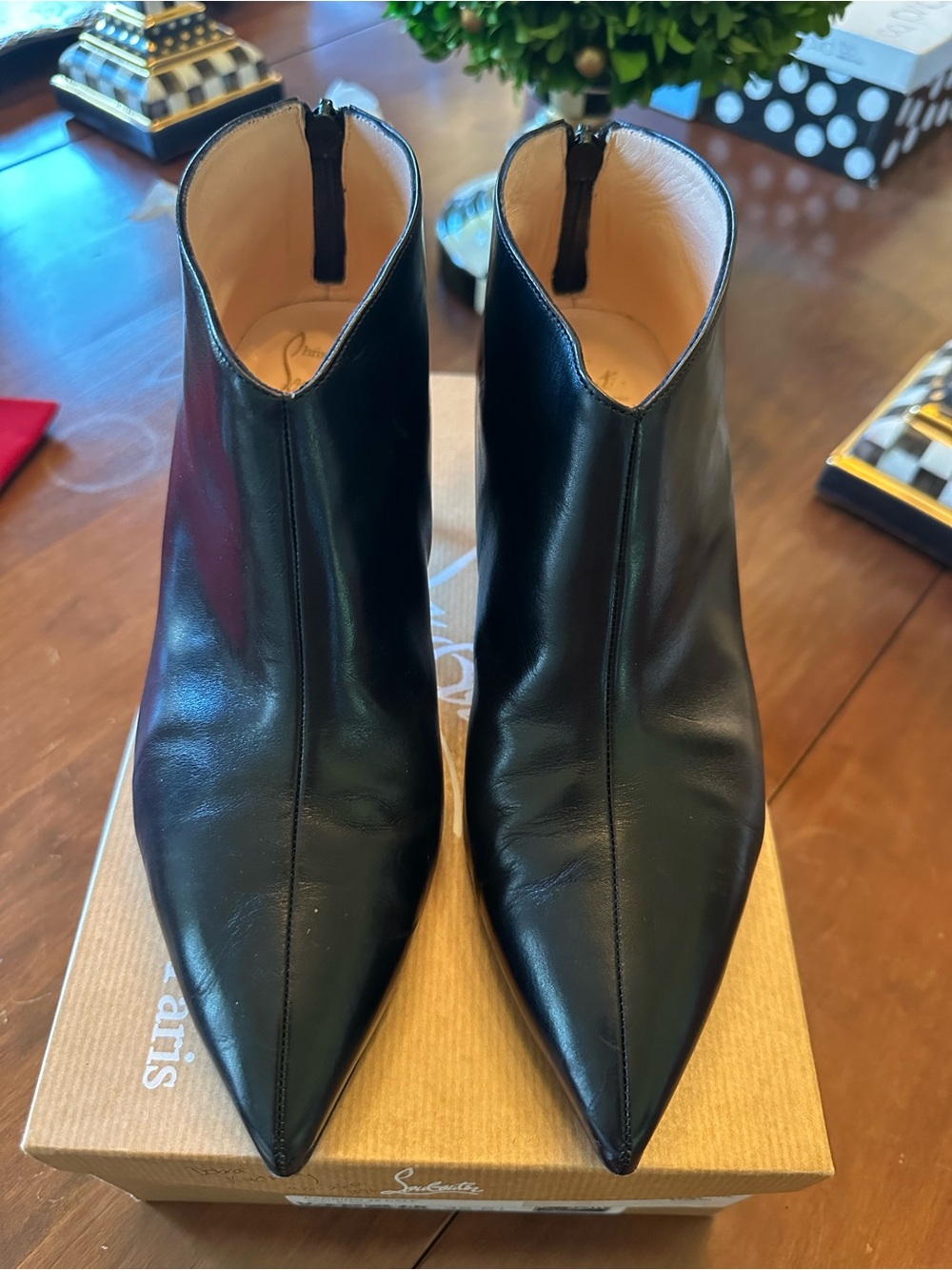Christian Louboutin “Padrino 45 Calf” Black Pointed Leather Ankle Booties